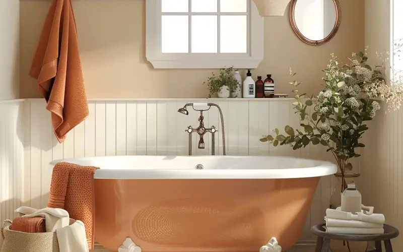 Boho Bathroom Decor Ideas Giving Light and Airy Vibes: Foundation: Color Palette & Walls" Embrace Earthy Neutrals:
Think creamy whites, warm beiges, and terracotta accents. These colors create a sense of calm and serenity, like a warm hug for your bathroom. You can easily achieve this look with a fresh coat of Rust-Oleum Chalked Ultra Matte Paint in Linen White. It's super easy to apply and gives a beautiful matte finish that's perfect for boho vibes.