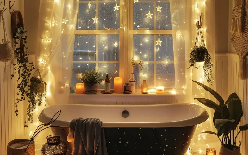Boho Bathroom Decor Ideas Giving Light and Airy Vibes: Ambient Lighting: Set the mood with soft, warm lighting. String lights, lanterns, or candles create a cozy and inviting atmosphere. Don't forget to install dimmer switches to adjust the lighting to your liking. The Twinkle Star 300 LED Window Curtain String Light is a fantastic option for adding a touch of magic to your bathroom.