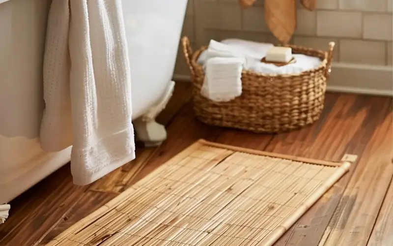 Boho Bathroom Decor Ideas Giving Light and Airy Vibes: Flooring & Fixtures: Natural Flooring for a Grounded Feel: Opt for natural materials like bamboo, wood-look tile, or textured stone to create a warm and inviting atmosphere. GoHaus's Natural Bamboo Bath Mat is a fantastic option. It's soft and absorbent and adds a touch of natural elegance to your bathroom.