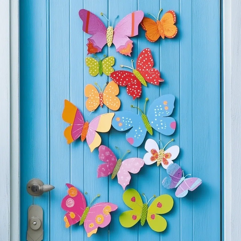 Butterfly Garden: This whimsical and enchanting door hanger idea features a garden of colorful butterflies. It's a beautiful way to celebrate the arrival of spring and the beauty of nature. Cut out butterfly shapes from colorful paper or fabric. 