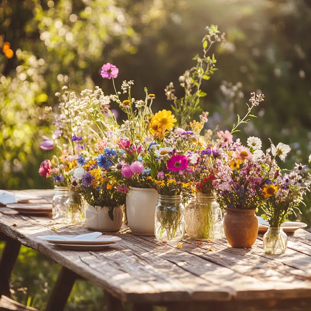 Wildflower Centerpieces: Wildflower centerpieces are fantastic because they're so relaxed and charming. You don't need to be a florist to pull this off. Just grab a mix of whatever's blooming locally, pop them in rustic vases or even mason jars, and you've got instant spring magic.