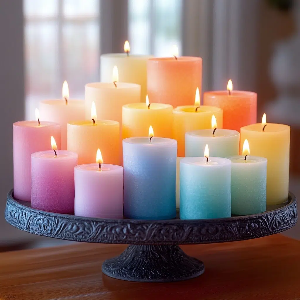 Ombre Candle Display: An ombre candle display creates a visually appealing and warm ambiance. The gradient effect adds depth and dimension to your table, and the soft glow of the candles creates a cozy atmosphere. It’s perfect for evening gatherings.
