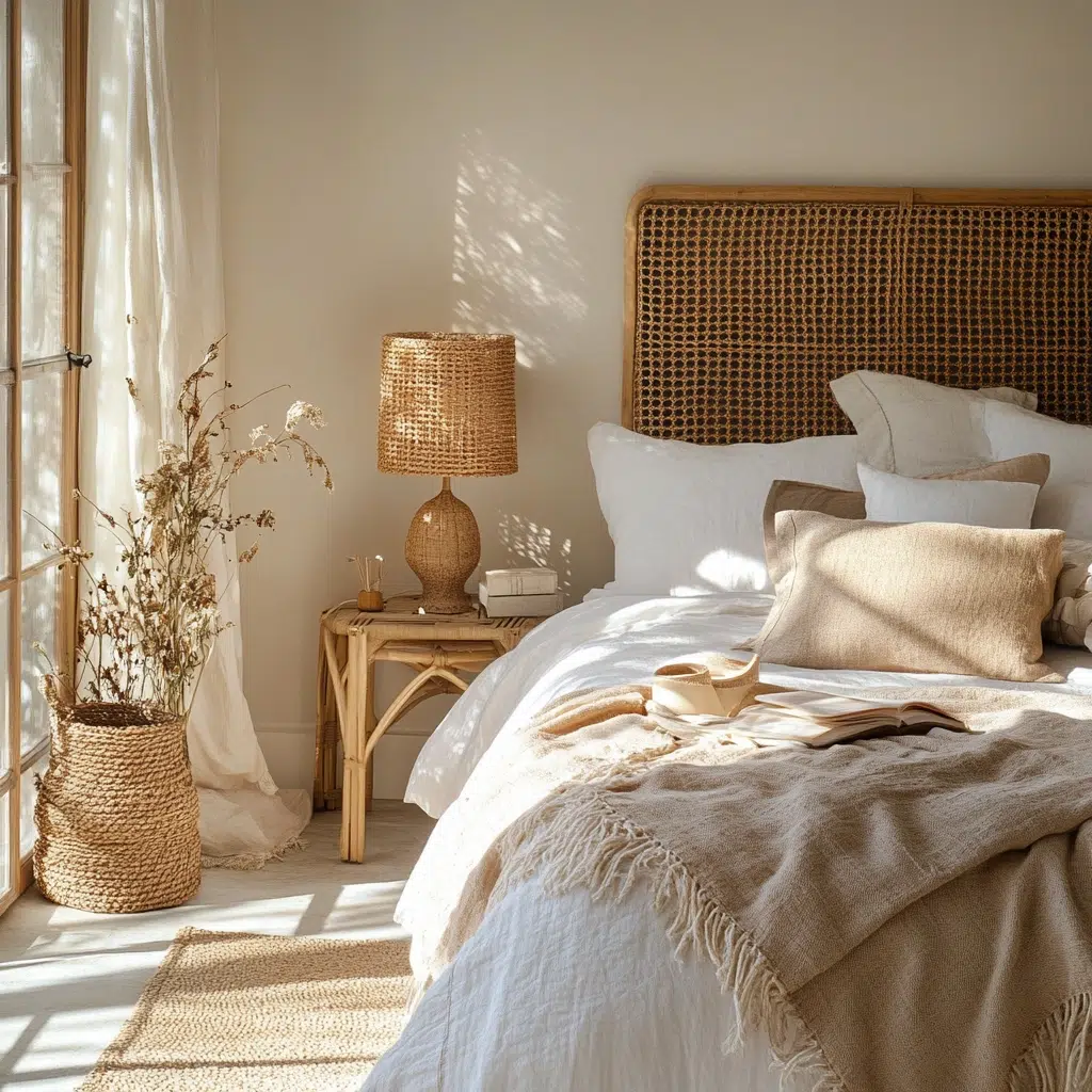 Woven Natural Materials: Rattan, wicker, and bamboo add a natural, organic feel to your bedroom, which is perfect for spring. Using woven baskets, lamps, or even a headboard can create a cozy and inviting atmosphere. It’s like bringing a touch of the outdoors in.