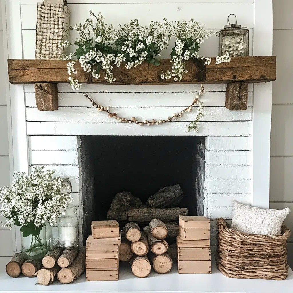 Rustic Wood Accents: Bring a touch of nature indoors by incorporating rustic wood accents on your mantle. Use raw wood slices, small wooden boxes, or driftwood to add texture and visual interest. You can even create a wooden garland by stringing together small wooden beads or slices. 