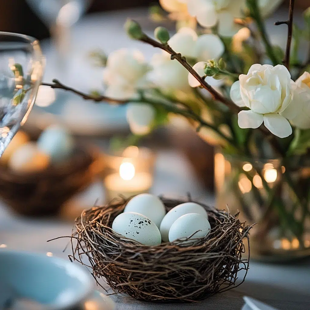 Bird Nest Accents: Bird nest accents add a rustic, whimsical, and seasonal touch to your table. They evoke the feeling of spring's renewal and new beginnings. The faux eggs add a playful element, making your table feel more inviting and charming.