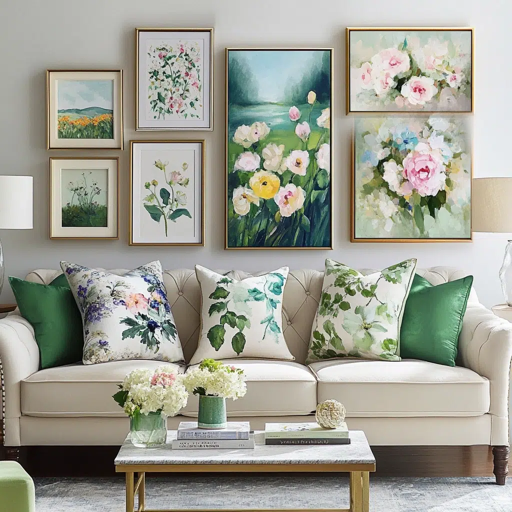 Spring-Themed Artwork: Spring-themed artwork, like floral landscapes or nature scenes, sets a seasonal mood and adds a visual focal point to your living room. It’s a simple way to bring the beauty of spring indoors and create a cheerful atmosphere.