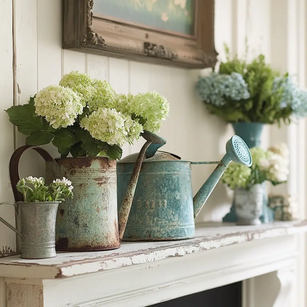 Vintage Watering Cans: Add a touch of nostalgic charm to your mantle by placing a vintage watering can filled with flowers or greenery. Choose a watering can with a patina finish to enhance its vintage appeal. You can even add other gardening-themed decor, such as seed packets or gardening tools, to complete the look. 
