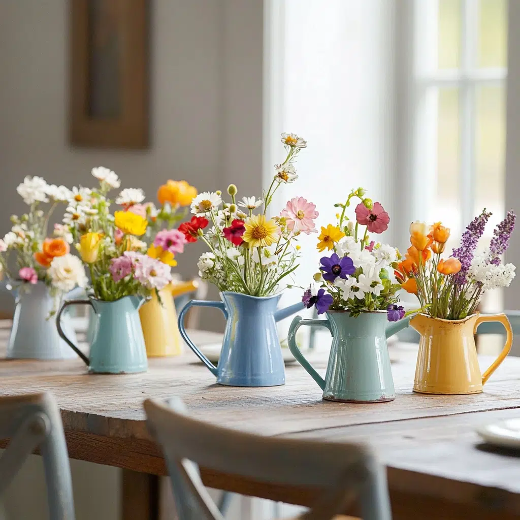 Miniature Watering Can Vases: Miniature watering can vases add a charming, garden-themed, and unexpected element to your table. They’re a fun and unique way to display small floral arrangements, adding a touch of whimsy and personality. They’re also a great conversation starter!
