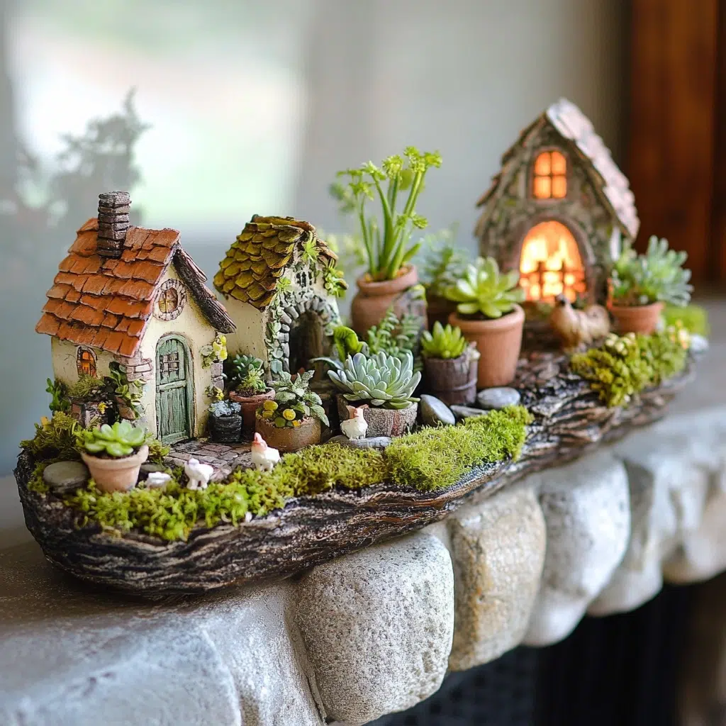 Miniature Gardens: Bring a touch of whimsy and enchantment to your mantle by creating a miniature garden. Use small pots, moss, and figurines to create a charming little landscape. You can add miniature plants, tiny houses, or even small animals to complete the scene. Consider using succulents or air plants for a low-maintenance option. 