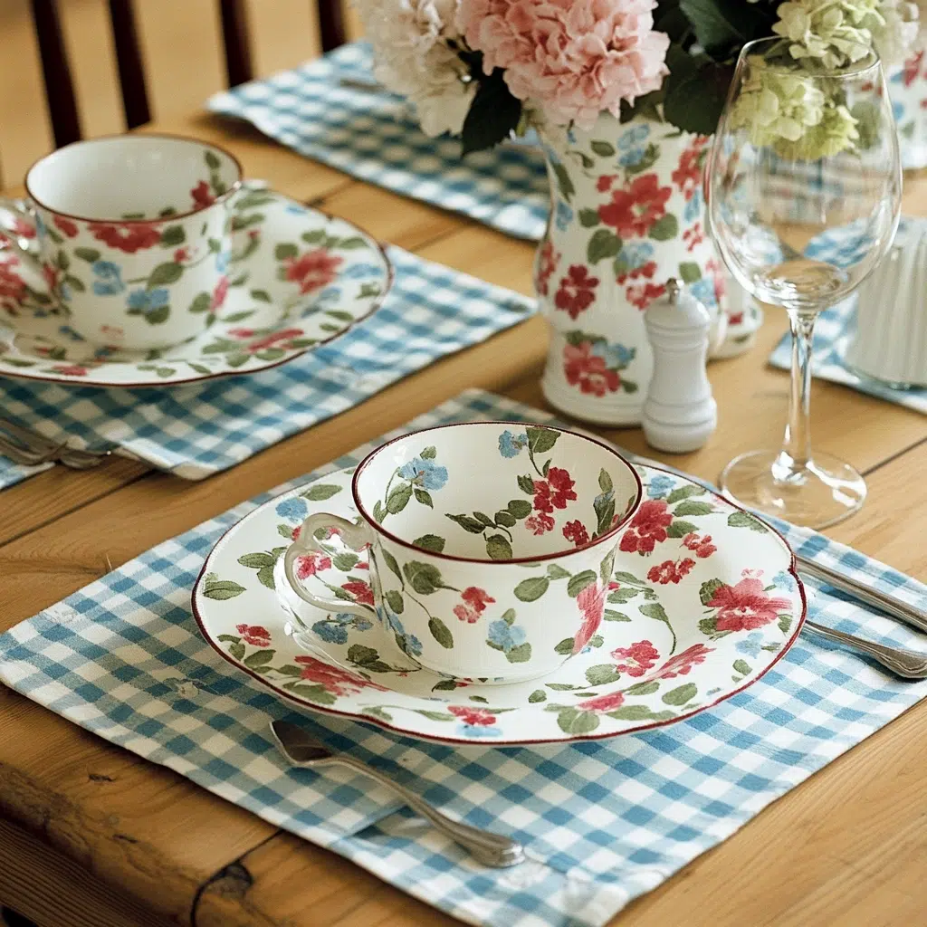 Patterned Placemats: Patterned placemats add a layer of design and protect your table surface while enhancing your spring décor. They can tie together your color scheme and add a touch of personality to each place setting. Spring-themed patterns like florals or gingham add a cheerful and inviting touch.
