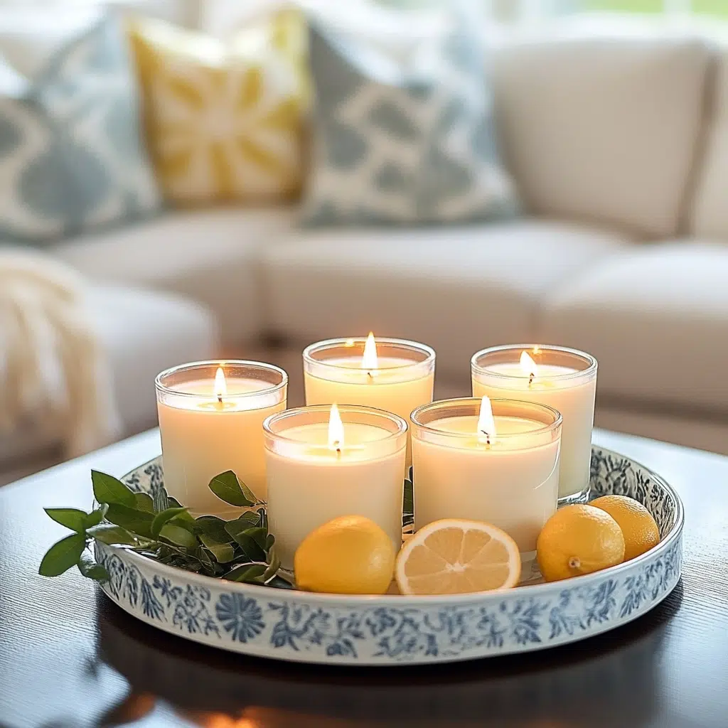 Spring-Themed Candles: Spring-themed candles add a pleasant aroma and create a cozy atmosphere. Scents like citrus, floral, or fresh linen can evoke the feeling of spring and make your living room more inviting.