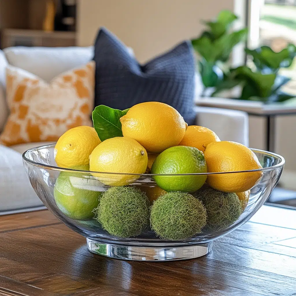 Decorative Bowls with Natural Elements: Decorative bowls filled with natural elements, like lemons, limes, or decorative moss balls, add a touch of natural freshness and visual appeal to your living room. They're a simple way to bring the outdoors in.