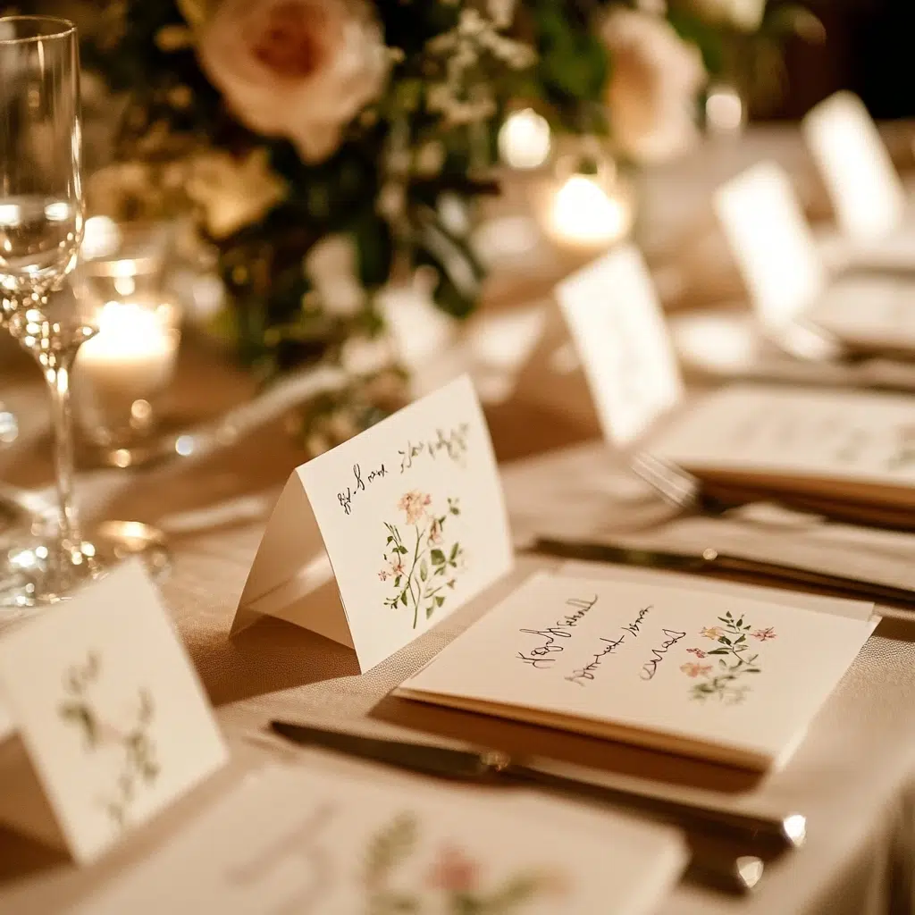 Personalized Place Cards: Personalized place cards add a personal touch and help guests find their seats, making your gathering more organized and welcoming. Hand-written names and small spring-themed drawings add a charming and thoughtful detail that your guests will appreciate.