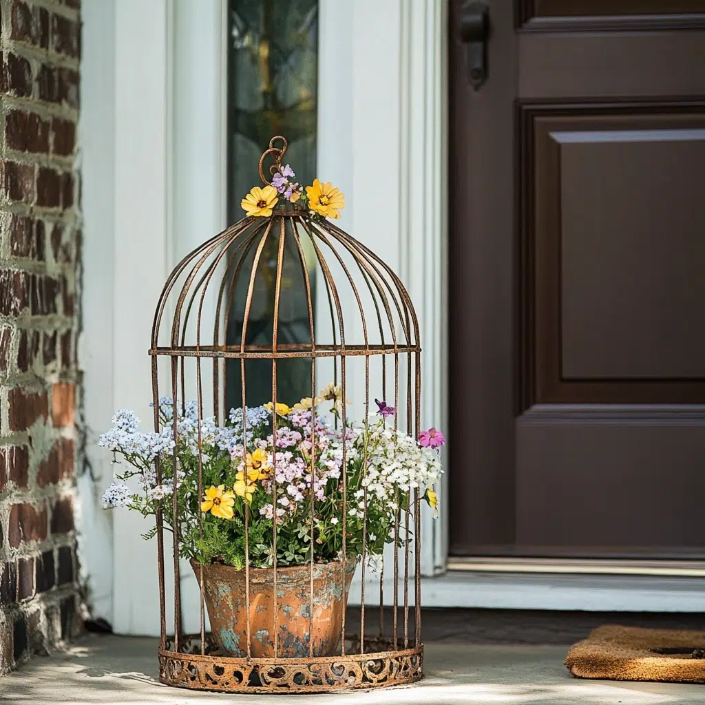 Birdcage Planter: It creates a whimsical, garden-inspired accent. It's an unexpected and charming way to display small plants and flowers. Plus, it adds a touch of vintage elegance to your porch.