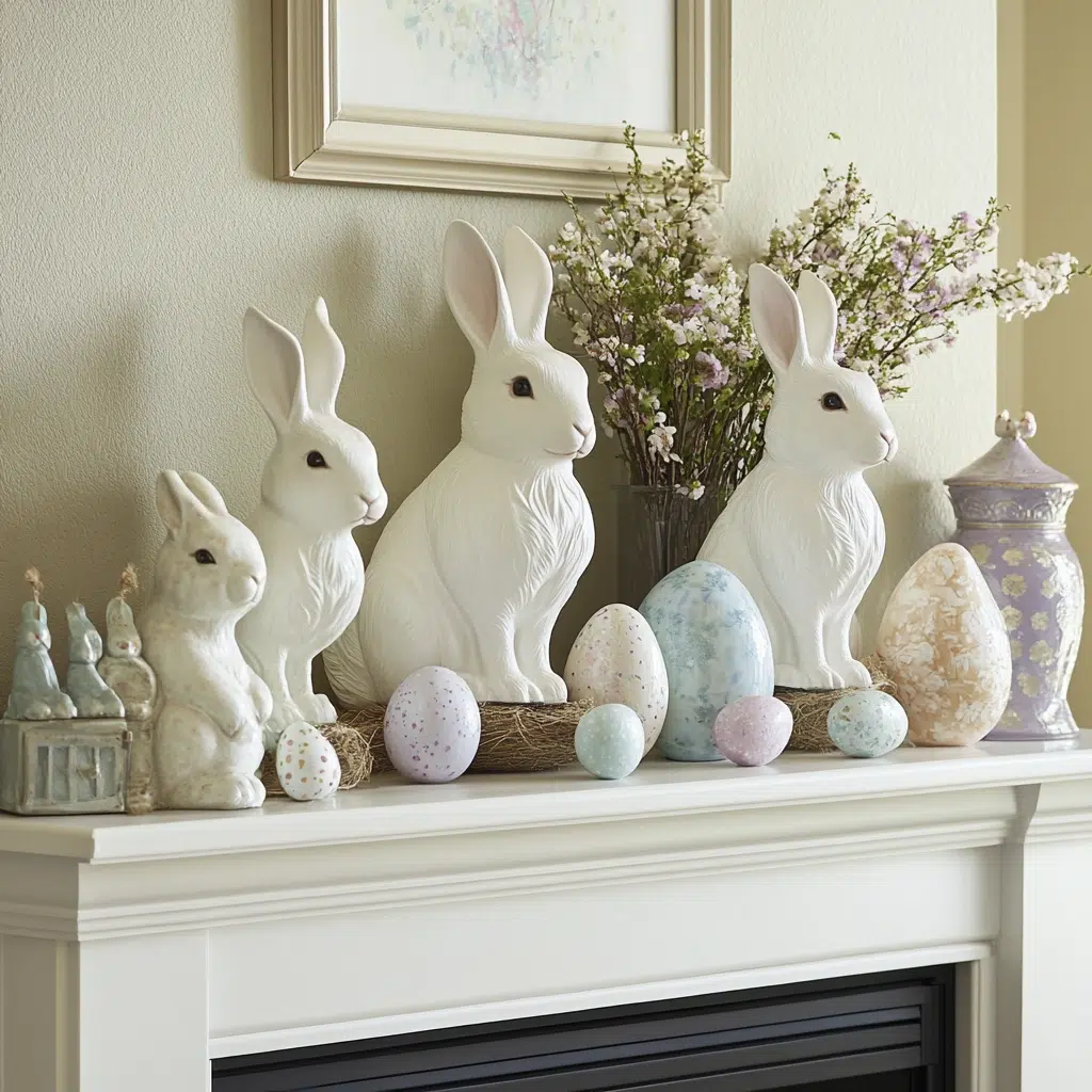 Rabbit Accents: Celebrate the joy of Easter and the arrival of spring by incorporating rabbit figurines or artwork on your mantle. Choose rabbit figurines in various sizes and styles to add visual interest. You can even create a rabbit-themed display by grouping different rabbit figurines. 