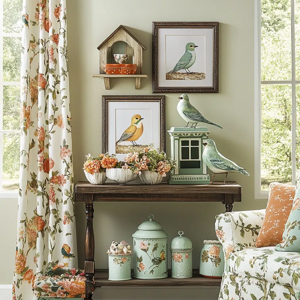 Bird-Themed Decor: Bird-themed decor, like figurines, prints, or decorative birdhouses, symbolizes the return of spring and adds a whimsical touch to your living room. They're a fun way to celebrate the season.
