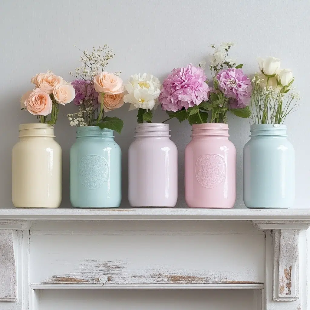Painted Mason Jars: Add a touch of rustic, DIY charm to your mantle by painting mason jars in pastel colors and filling them with flowers or candles. You can even use stencils or stamps to add patterns to the jars. 