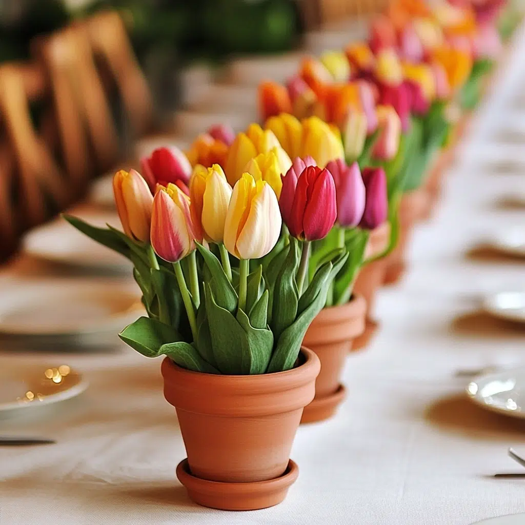 Tulip Terracotta Pots: These tulip terracotta pots are a delightful DIY project that adds a personal touch to your table. They're charming and earthy, and the vibrant tulips bring a pop of color that's hard to miss. Arranging them down the center of your table creates a lovely, continuous flow of spring cheer.