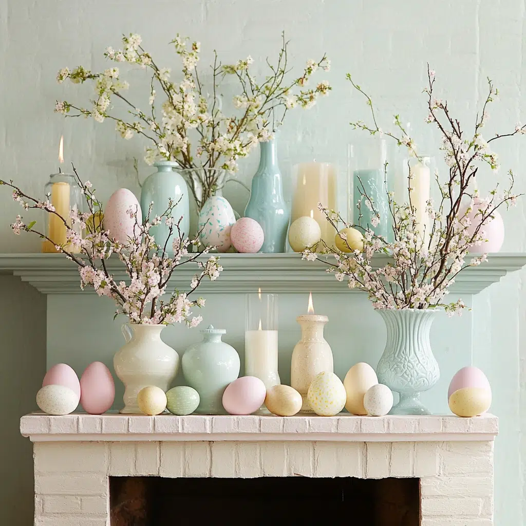 Pastel Palette Perfection: Spring is synonymous with soft, gentle colors, so why not bring that palette to your mantle? Think pastel pinks, blues, yellows, and greens. These hues create a light, airy feel that perfectly captures the essence of the season. Start by incorporating pastel-colored candles in varying sizes and heights, their gentle flames adding a warm, inviting glow. 