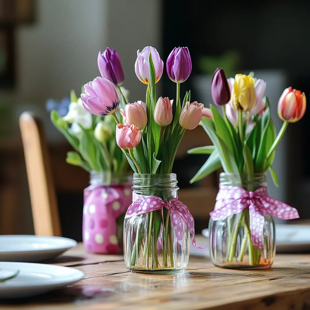 Upcycled Jar Vases: Upcycled jar vases are an eco-friendly and cost-effective way to add floral décor to your table. Decorating them with ribbons, paint, or twine adds a personal touch, making them unique and charming. It’s a great way to reuse items you already have.