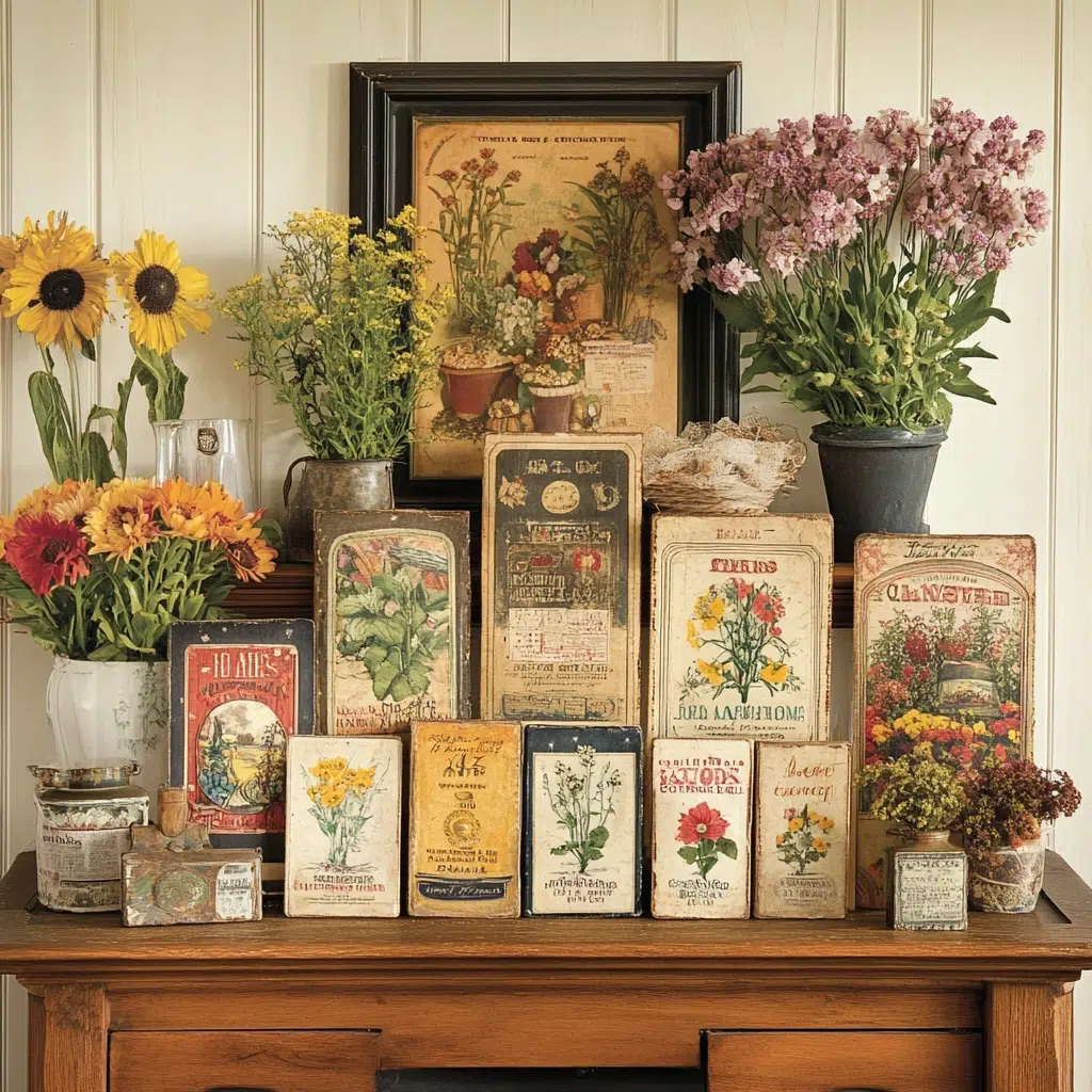 Seed Packet Displays: Add a gardening theme and a touch of the past to your mantle by framing or displaying vintage seed packets. Choose seed packets with beautiful illustrations and vibrant colors. You can even create a seed packet garland by stringing together different seed packets. 