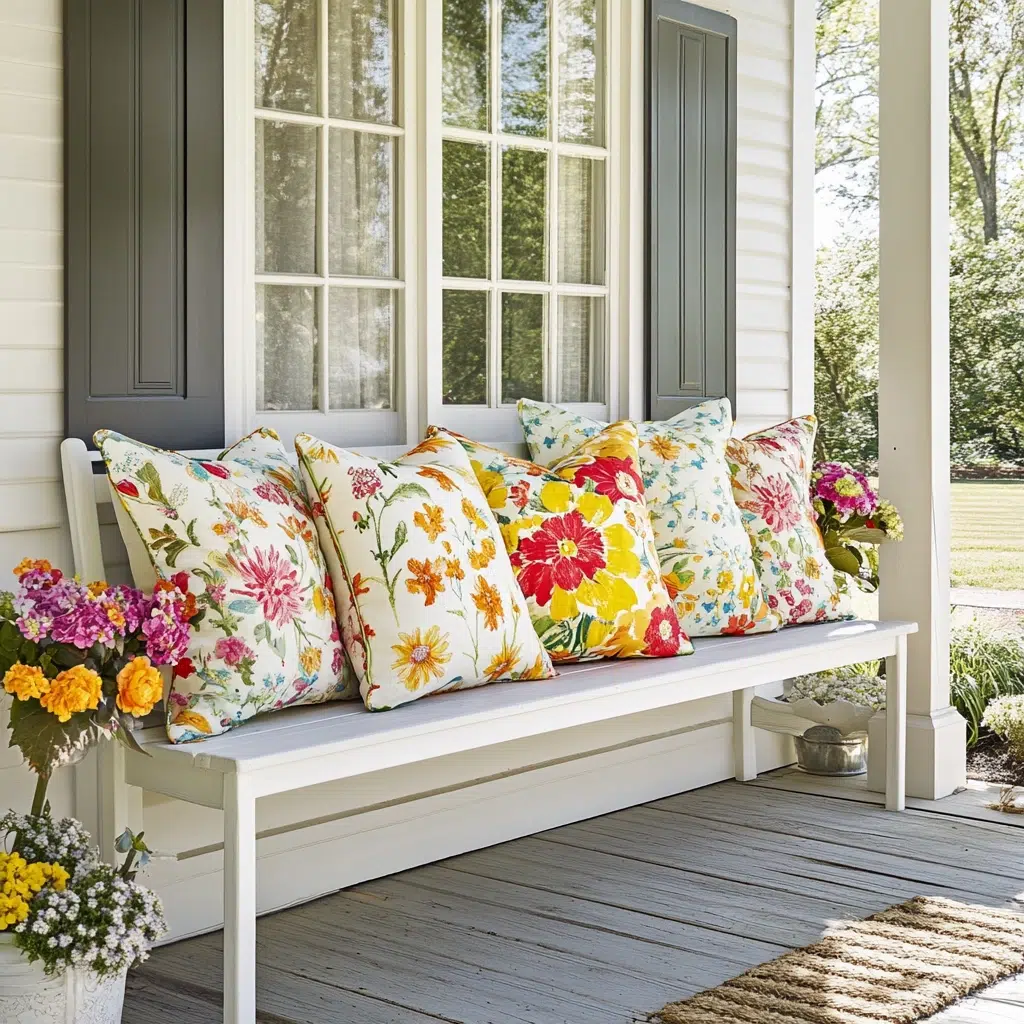 Spring Themed Pillows on a Porch Bench: It creates a comfortable, welcoming space to enjoy the spring weather. It adds a pop of color and pattern to your porch. Plus, it encourages guests to linger and enjoy the outdoor space.