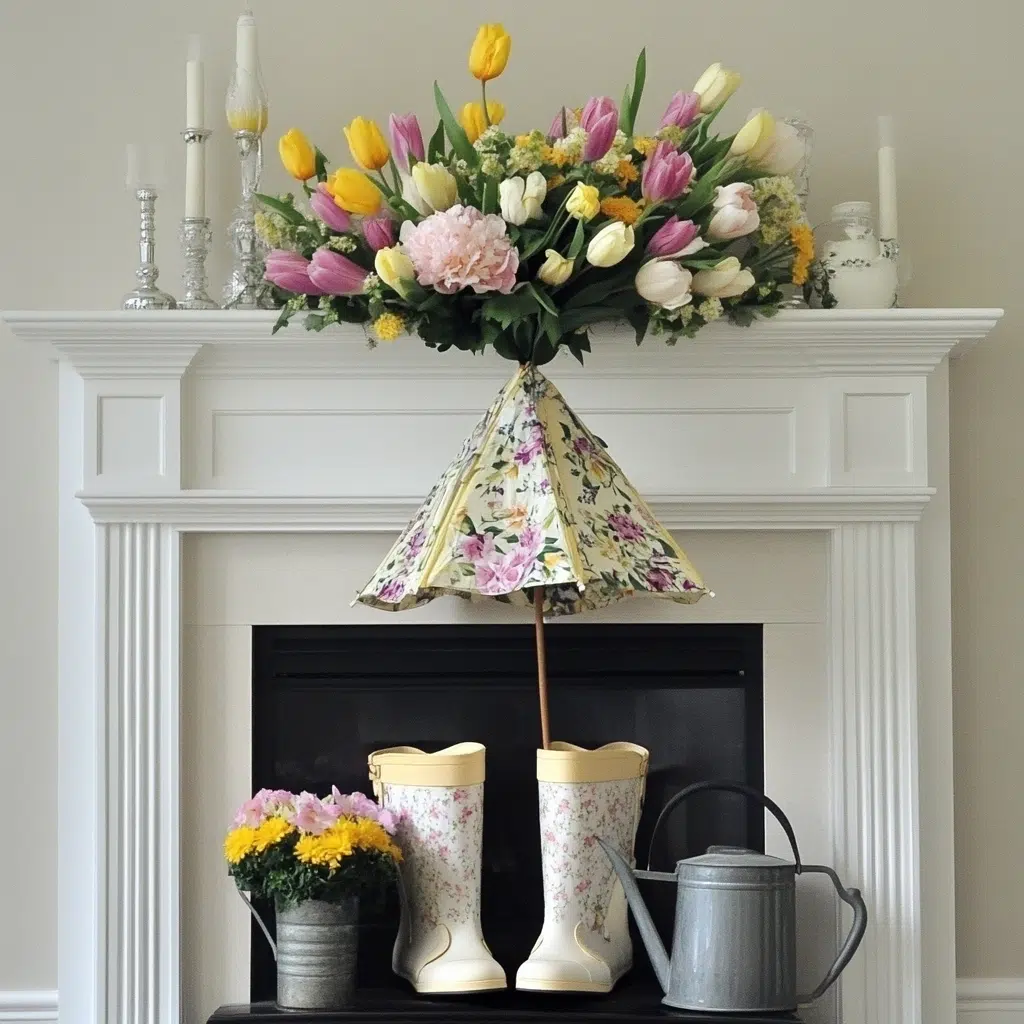 Umbrella Decor: Add a unique talking point to your mantle by placing a small, decorative umbrella, open, and filled with flowers. This whimsical display represents spring showers and the blooming flowers that follow. Choose an umbrella with a cheerful pattern or color. 