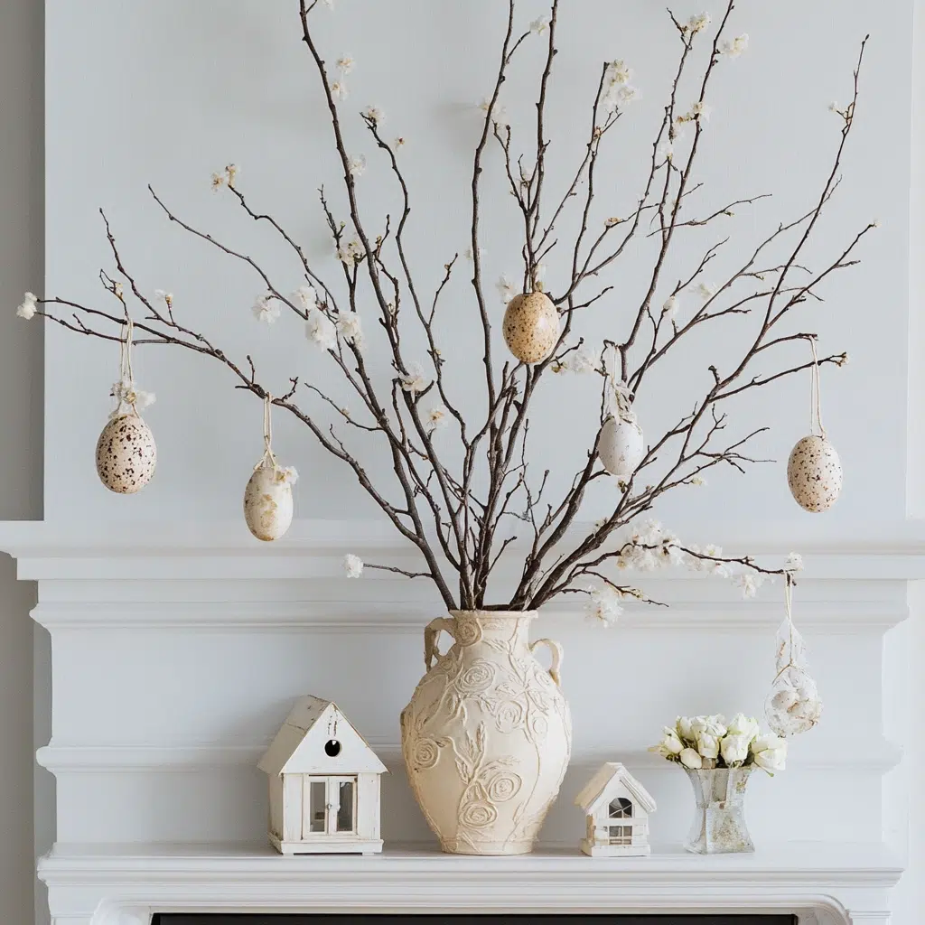 Nature's Branches: Bring the outdoors in by displaying bare branches in a tall, elegant vase. These branches, with their intricate patterns and natural textures, add a touch of rustic charm to your mantle. To enhance their beauty, consider adding hanging ornaments like small birdhouses or delicate eggs. 
