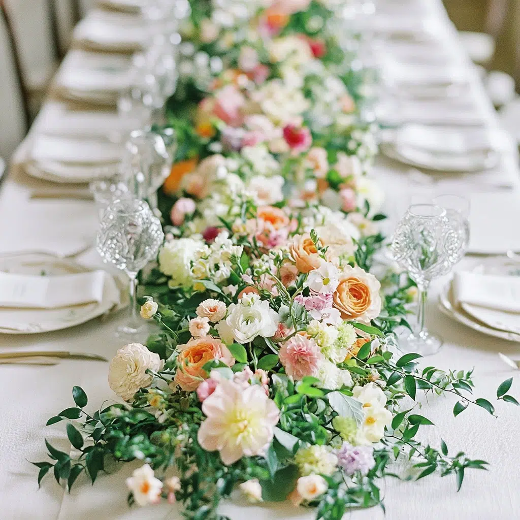Floral Table Runners: Creating a table runner with loose-cut flowers and greenery is a surefire way to make your table the centerpiece of any gathering. It's immersive, visually stunning, and adds a touch of wild, natural beauty.