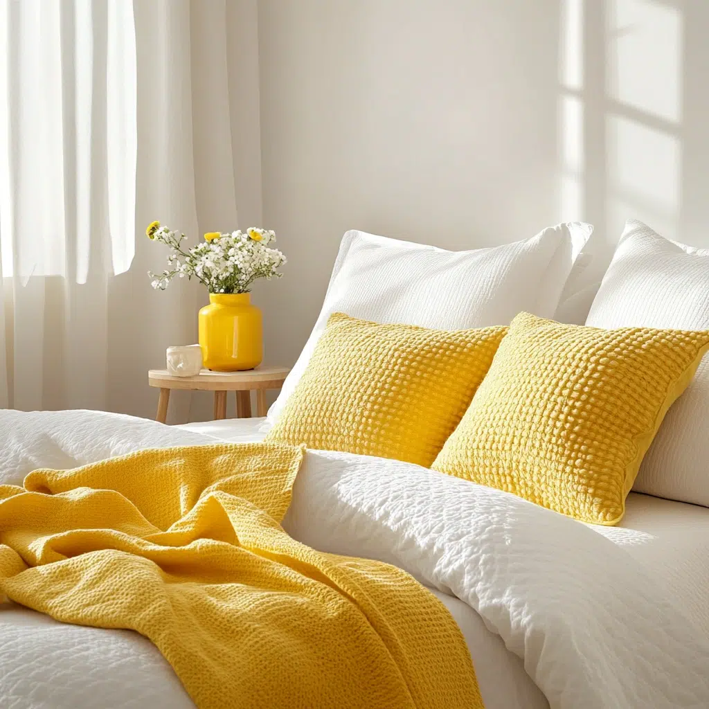 Sunny Yellow Accents: Yellow is the color of sunshine and happiness. Adding yellow accents to your bedroom, like cushions, throws, or even a small piece of artwork, can instantly brighten up the space and make it feel more cheerful. It’s like bringing a little bit of sunshine indoors, even on cloudy days.