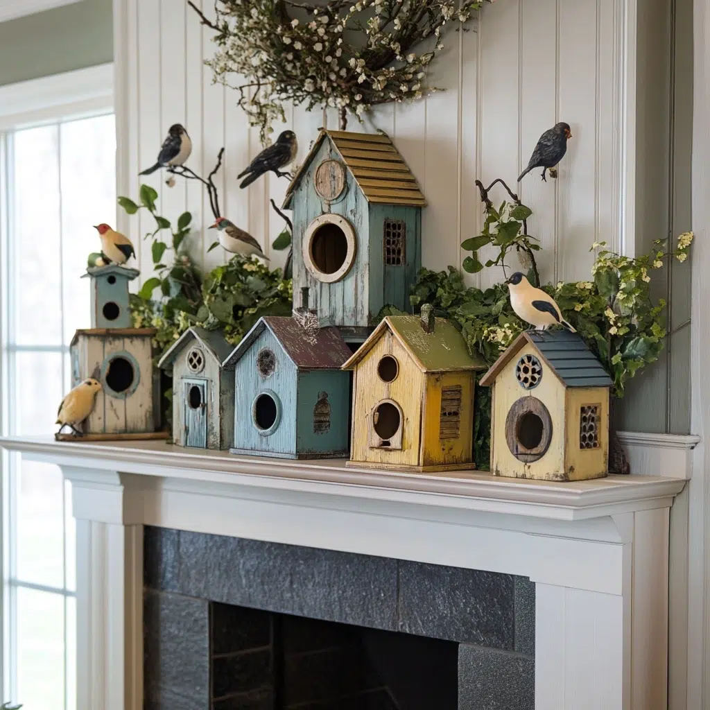 Birdhouse Bliss: Welcome the return of our feathered friends by arranging a collection of decorative birdhouses on your mantle. Choose birdhouses in various sizes, styles, and colors to add visual interest. You can even personalize them with paint or embellishments to match your existing decor. 