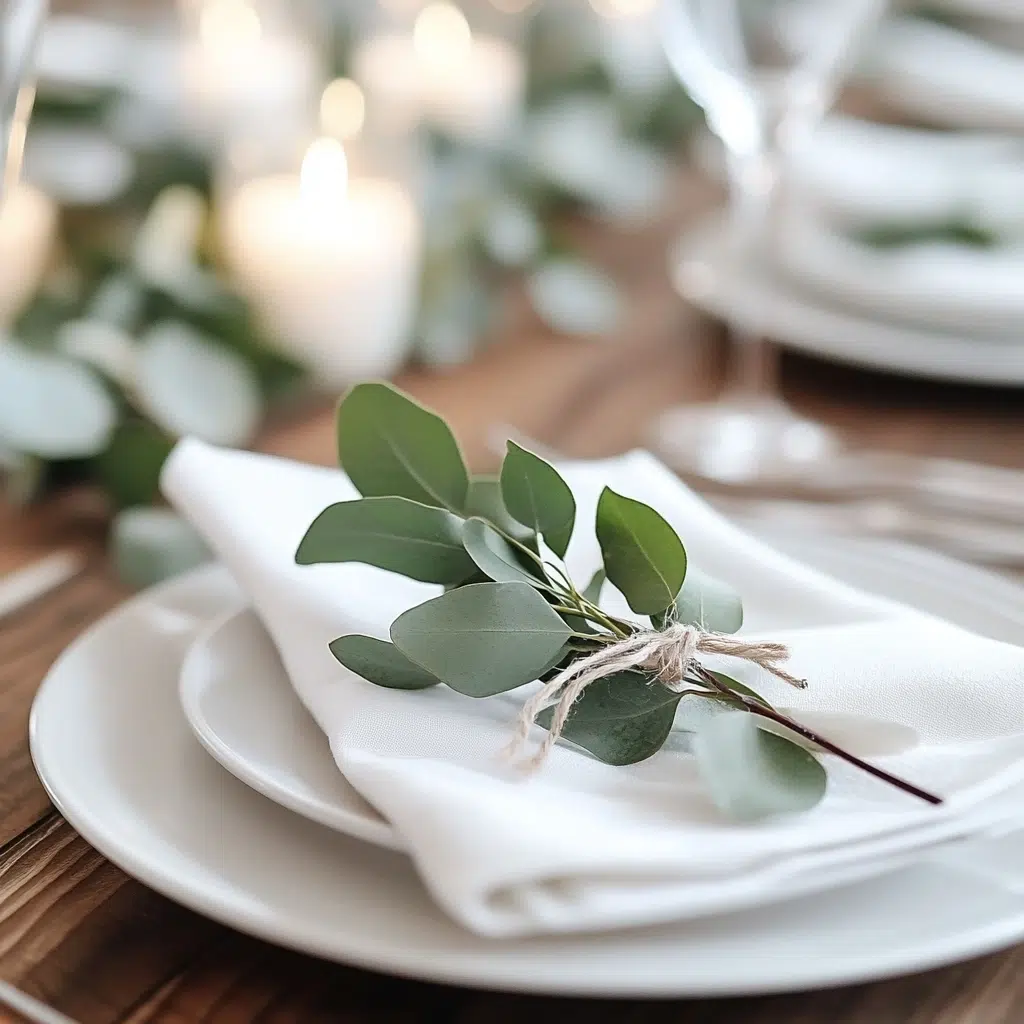 Eucalyptus Sprig Place Settings: Eucalyptus sprig place settings are a minimalist yet elegant way to add a touch of nature to each guest's spot. The fragrant eucalyptus adds a refreshing aroma, and the simple ribbon tie adds a touch of sophistication.