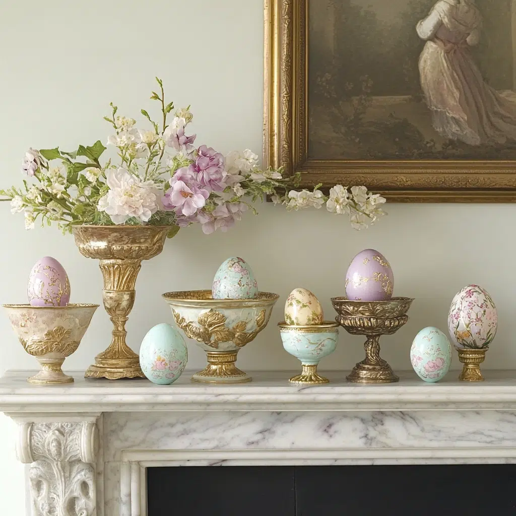 Easter Egg Elegance: Celebrate the joy of Easter by showcasing beautifully decorated Easter eggs on your mantle. Arrange them in elegant bowls, place them on decorative stands, or scatter them along the mantle for a touch of whimsy. You can use real eggs, blown-out eggs, or decorative faux eggs.