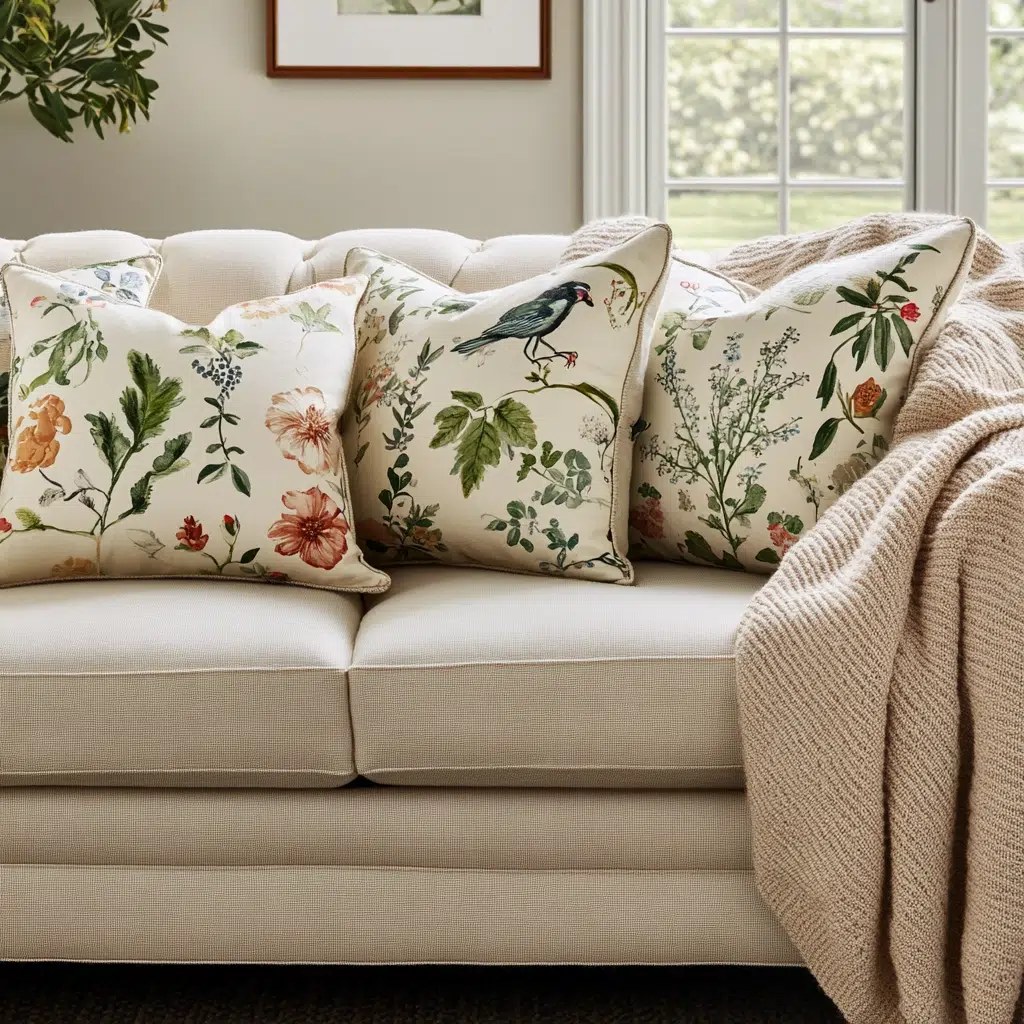 Botanical Print Textiles: Botanical print textiles, like pillows or throws, add a subtle yet effective touch of nature-inspired design. They bring in patterns and colors that reflect the outdoors, creating a fresh and vibrant feel. Plus, they’re a great way to introduce a touch of spring without making major changes.