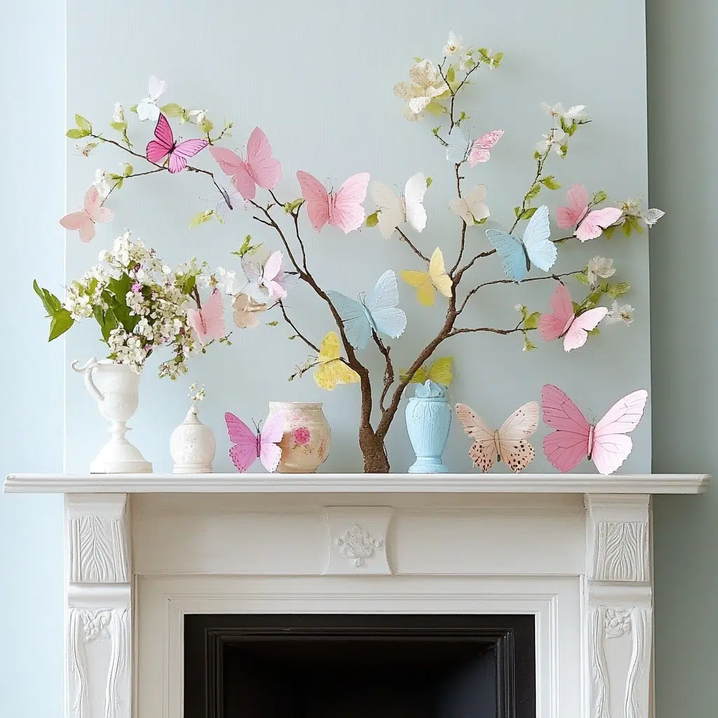 Butterfly Flutter: Butterflies symbolize transformation and the lightness of spring, making them a perfect addition to your mantle decor. Incorporate butterfly-themed decor such as framed prints, figurines, or cutouts. You can even create a butterfly garland by stringing together colorful paper butterflies. 