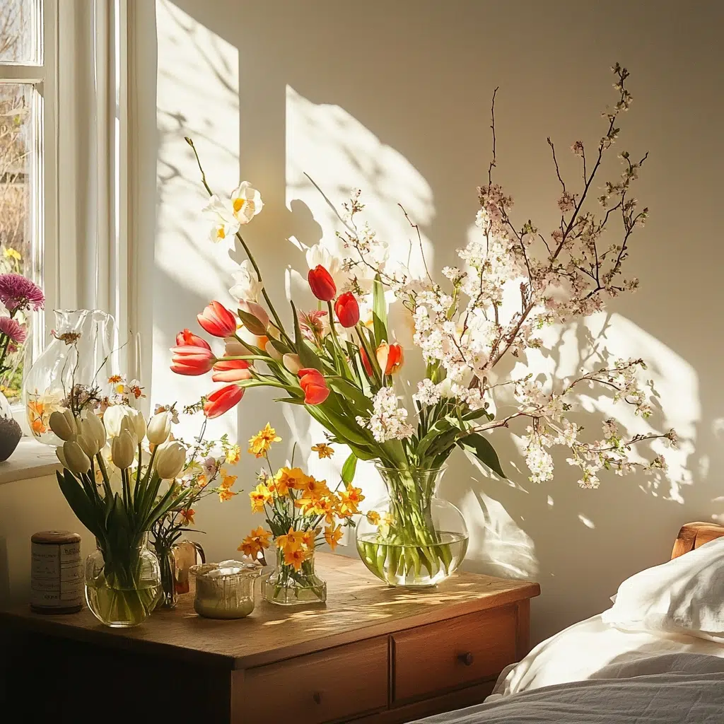 Fresh Flower Displays: Fresh flowers are an instant mood booster. They bring color, fragrance, and a sense of life to any room. Placing vases of tulips, daffodils, or cherry blossoms around your bedroom can create a beautiful and refreshing spring atmosphere. It’s like bringing a little piece of nature indoors.