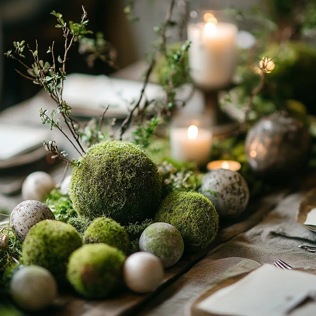 Moss-Covered Accents: Moss-covered accents add a woodland, organic, and textural dimension to your table. They bring a touch of the outdoors in, creating a calming and natural atmosphere. The soft, green moss adds a subtle yet impactful element that complements any spring décor.