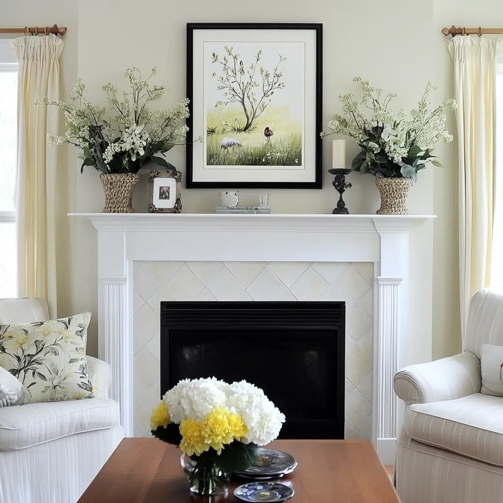 Spring-Themed Artwork: Create a focal point on your mantle by displaying artwork featuring spring landscapes, flowers, or animals. Choose artwork that complements your existing decor and reflects the beauty of the season. You can even frame your children's spring-themed artwork for a personal touch. 