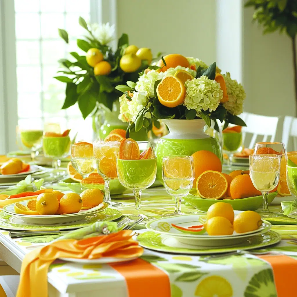 Citrus-Inspired Color Scheme: A citrus-inspired color scheme adds a burst of energy and freshness to your spring table. The bright yellows, oranges, and greens are reminiscent of sunny days and fresh fruit, creating a vibrant and inviting atmosphere. It’s perfect for brunches or daytime gatherings.