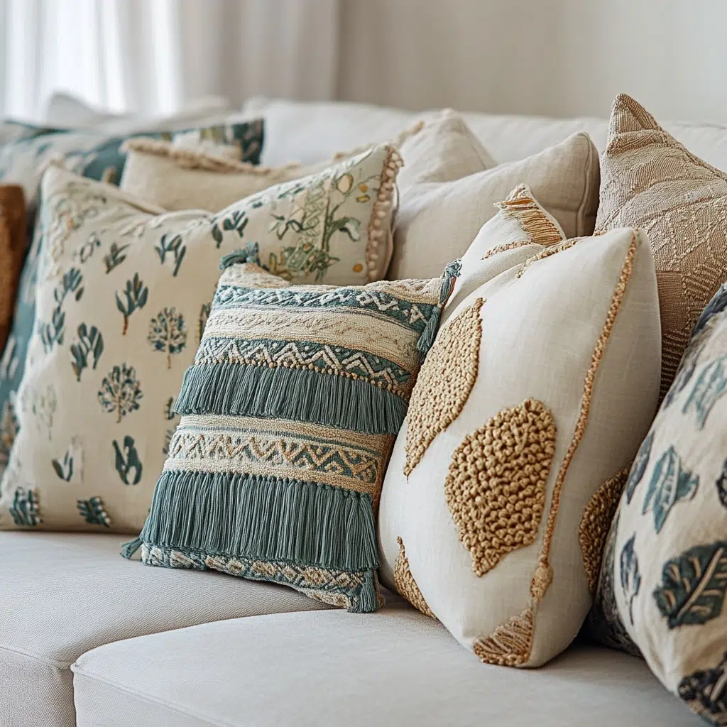 Textured Throw Pillows: Textured throw pillows, like those with tassels, embroidery, or woven patterns, add visual interest and tactile appeal to your seating areas. They create a layered look and make your sofa feel more inviting and comfortable.