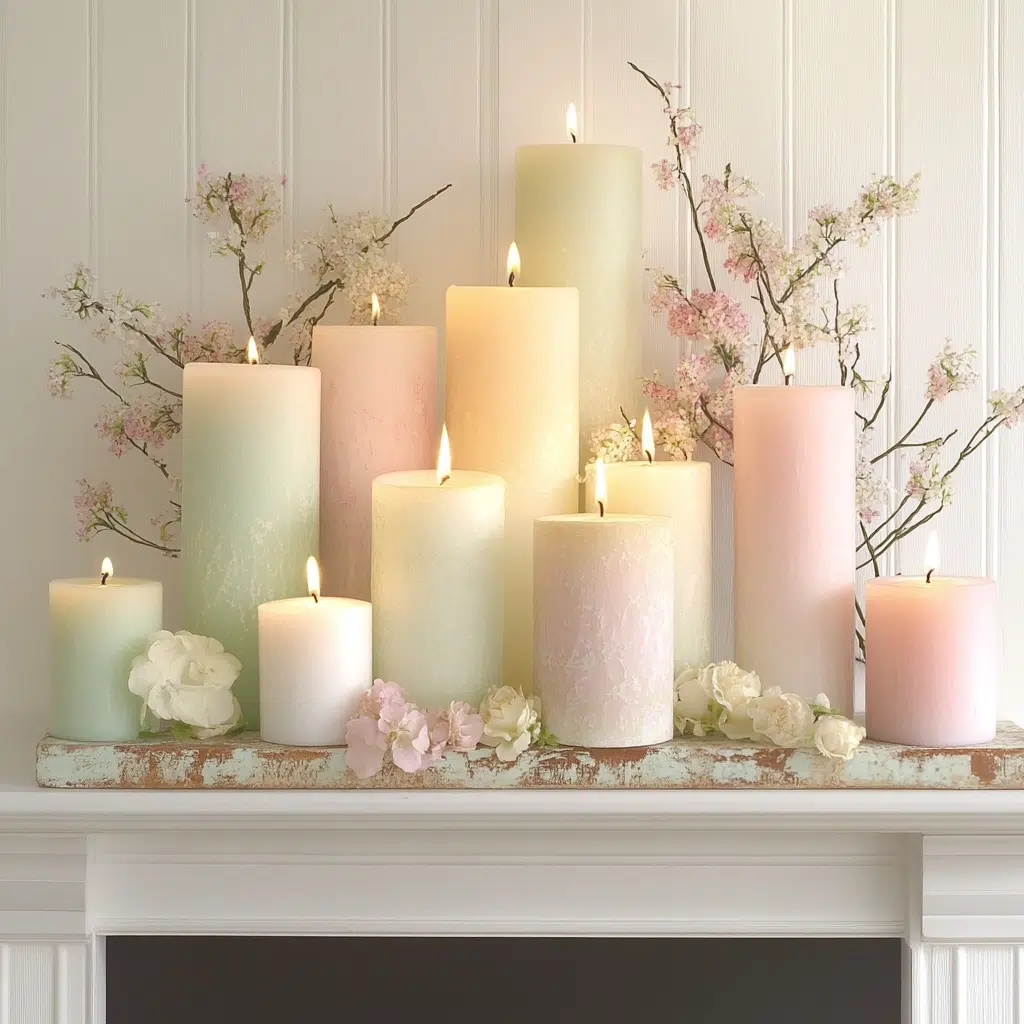Candlelight Charm: Add warmth and ambiance to your mantle by arranging a collection of candles in various sizes and spring-inspired scents. Choose candles in pastel colors or with floral patterns to complement your existing decor. You can even create a candle centerpiece by arranging candles on a decorative tray or plate. 