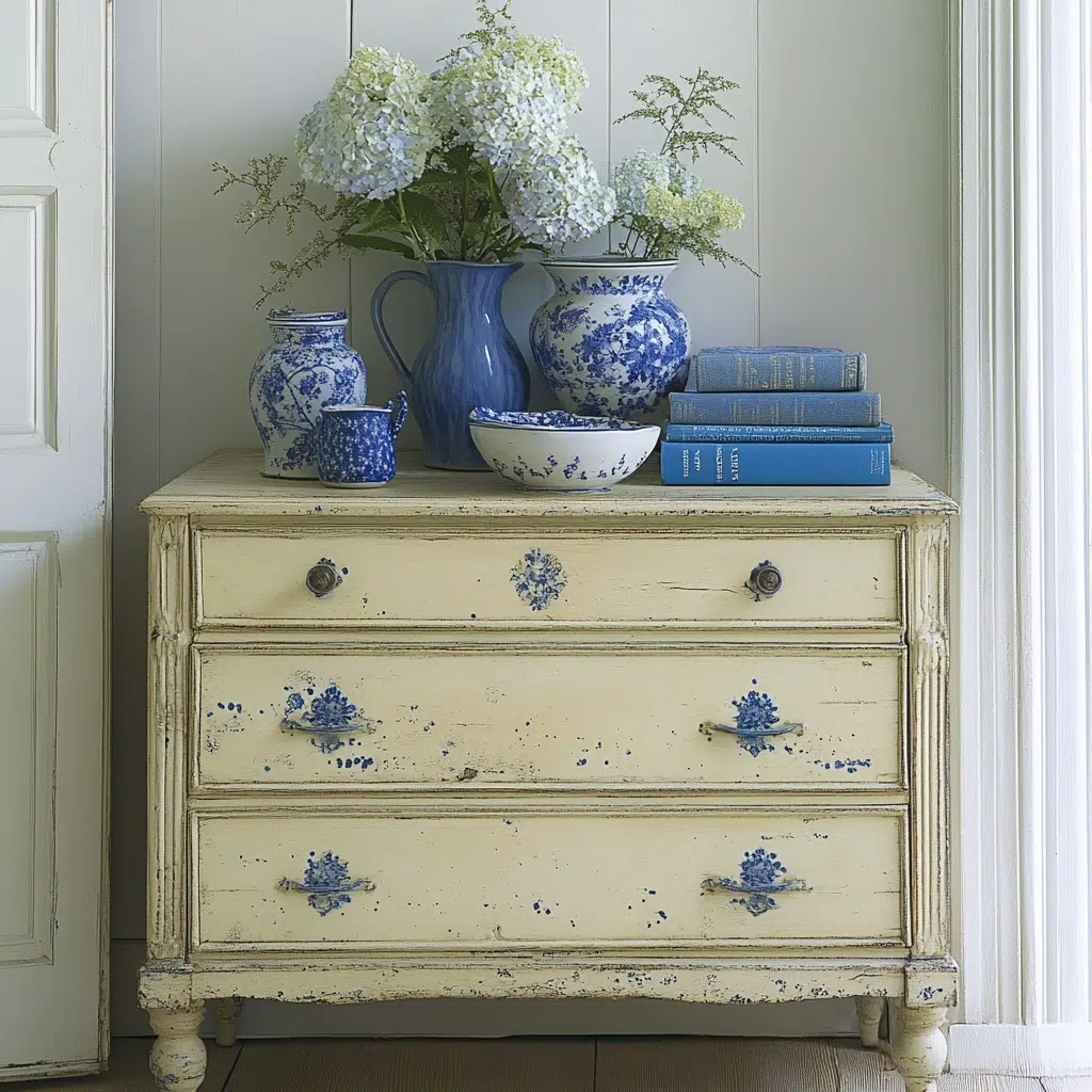 Distressed Cream Dresser with Blue Accents