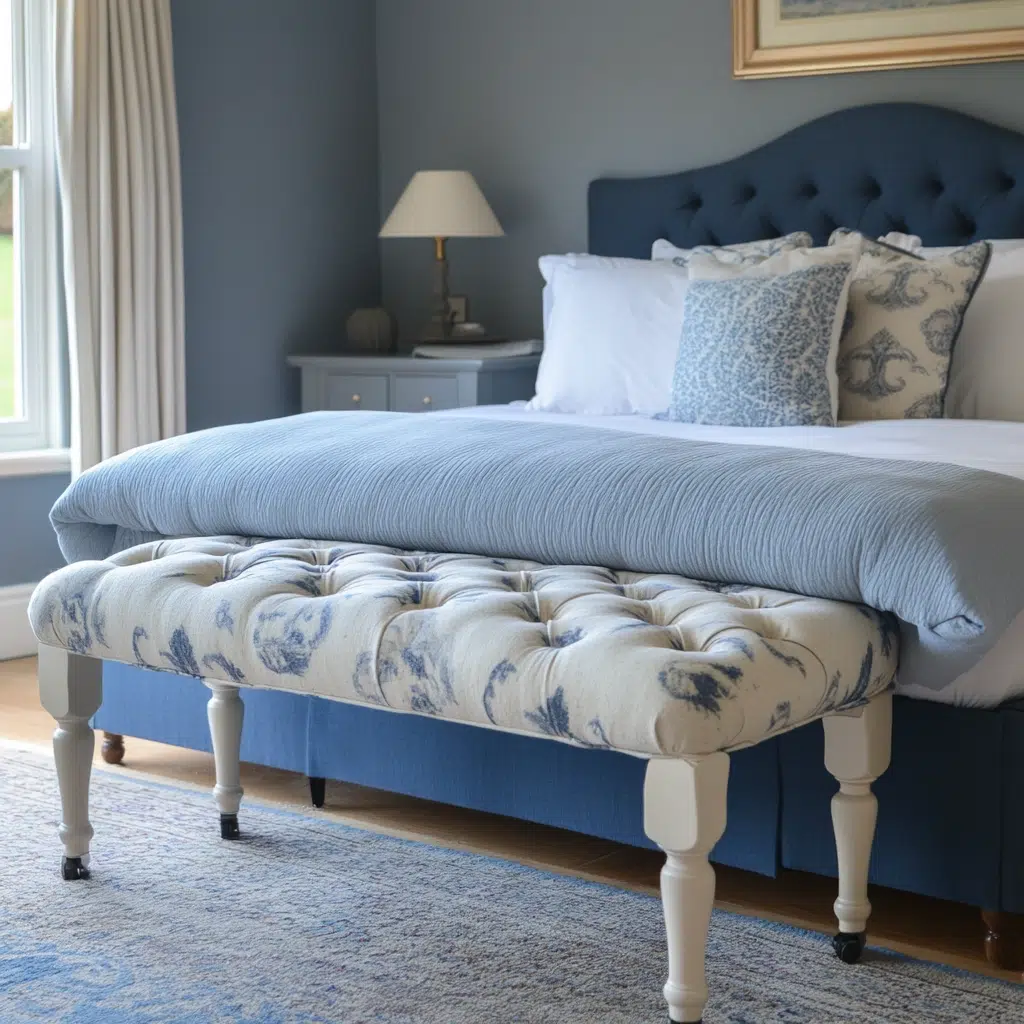 Blue Upholstered Bench at Foot of Bed with Cream Legs