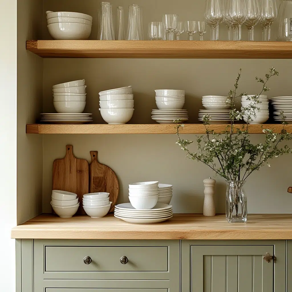 Open Shelving Serenity: Displaying Calm Alongside Sage Green Cabinets