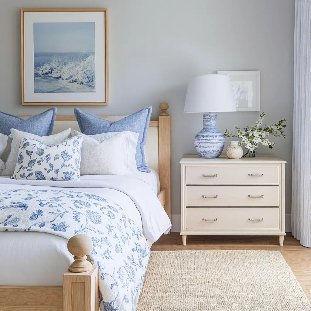 White or Light Wood Furniture with Blue and Cream Decor