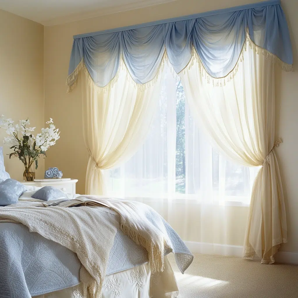 Sheer Cream Curtains with Blue Valance