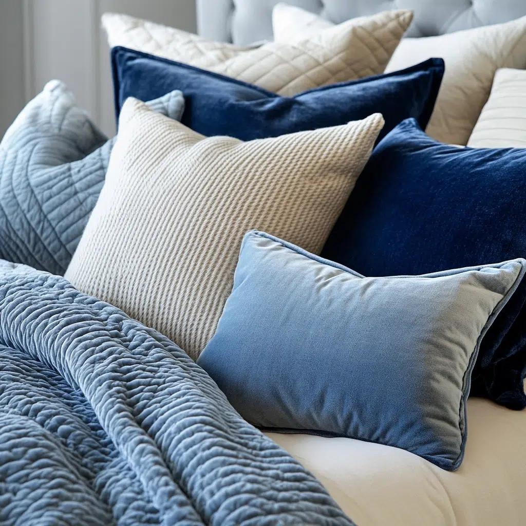 Throw Pillows and Blankets in Varying Shades of Blue and Cream