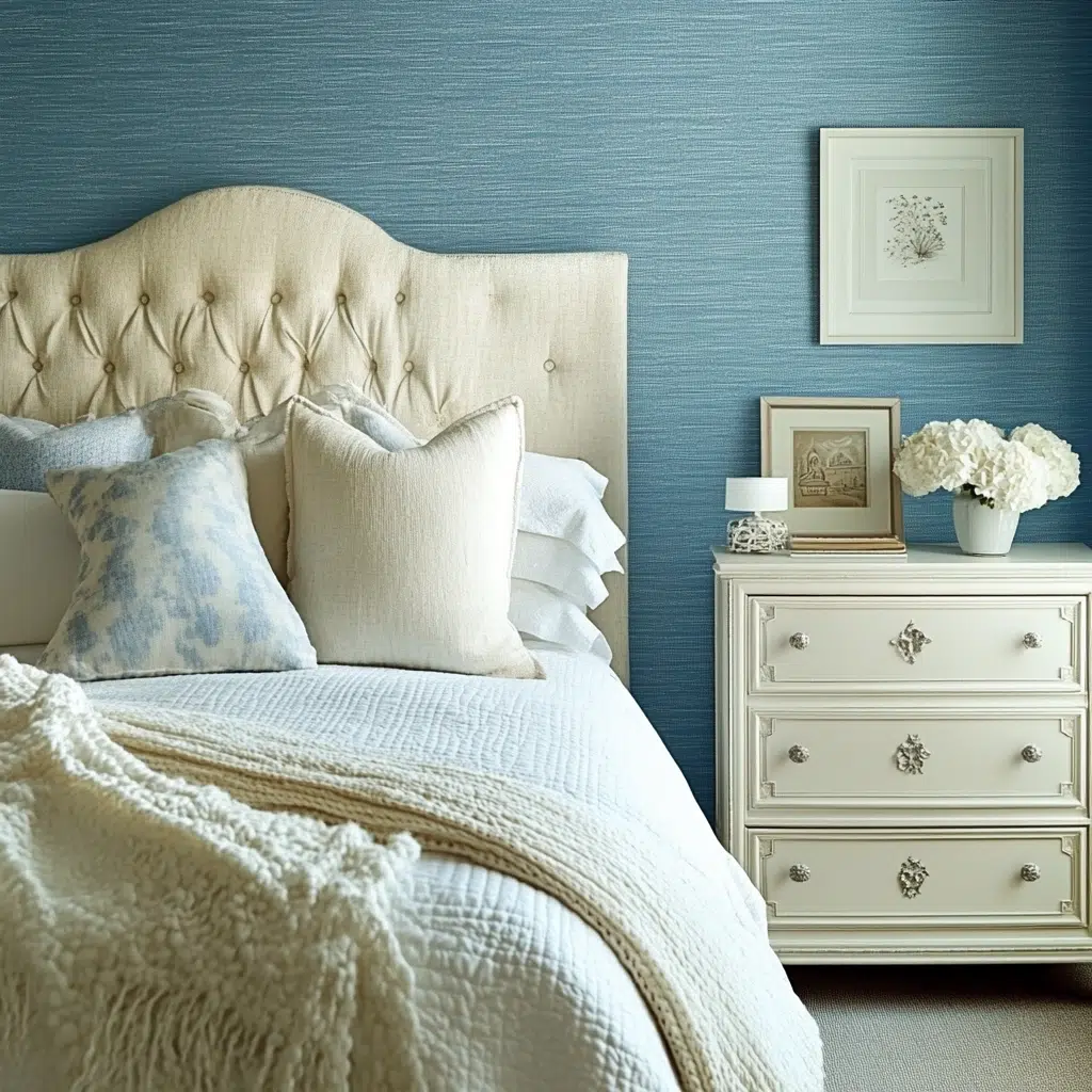 Creating Your Blue and Cream Bedroom Oasis: Textured Blue Wallpaper with Cream Furnishings
