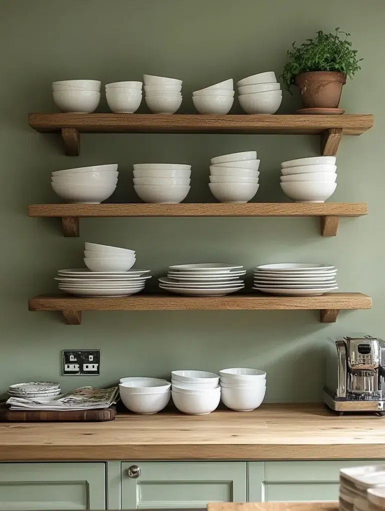 Open Shelving with Sage Green Accent Wall