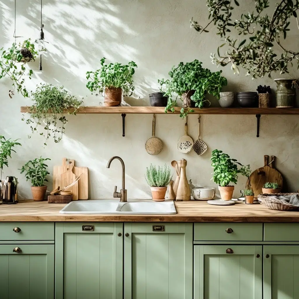 Living Greens: The Calming Presence of Plants in a Sage Kitchen